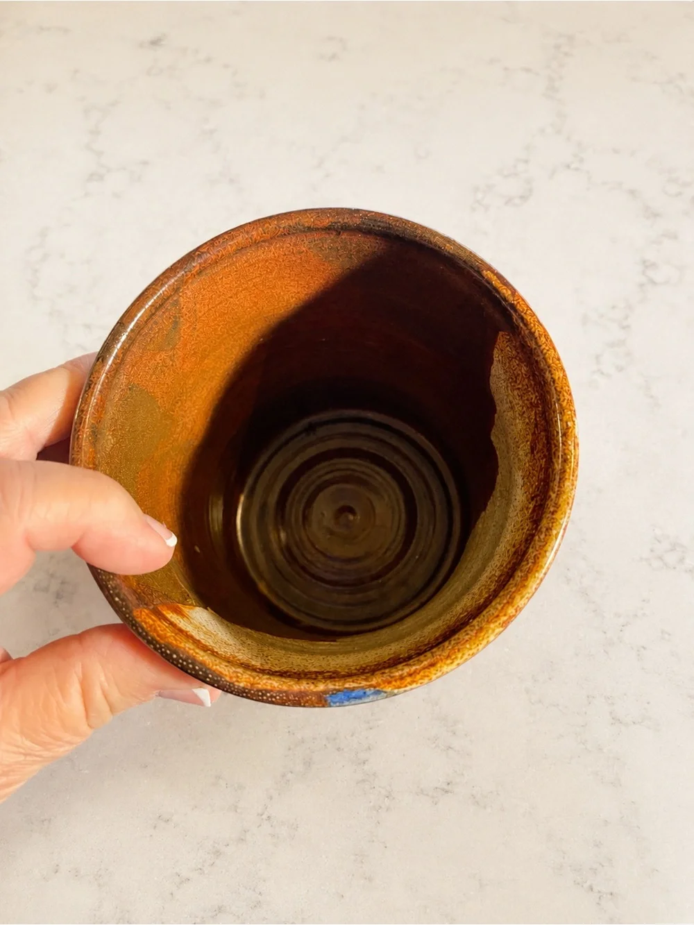 Signed Handmade Studio Pottery Leaf Tumbler Vase Blue Brown Glaze